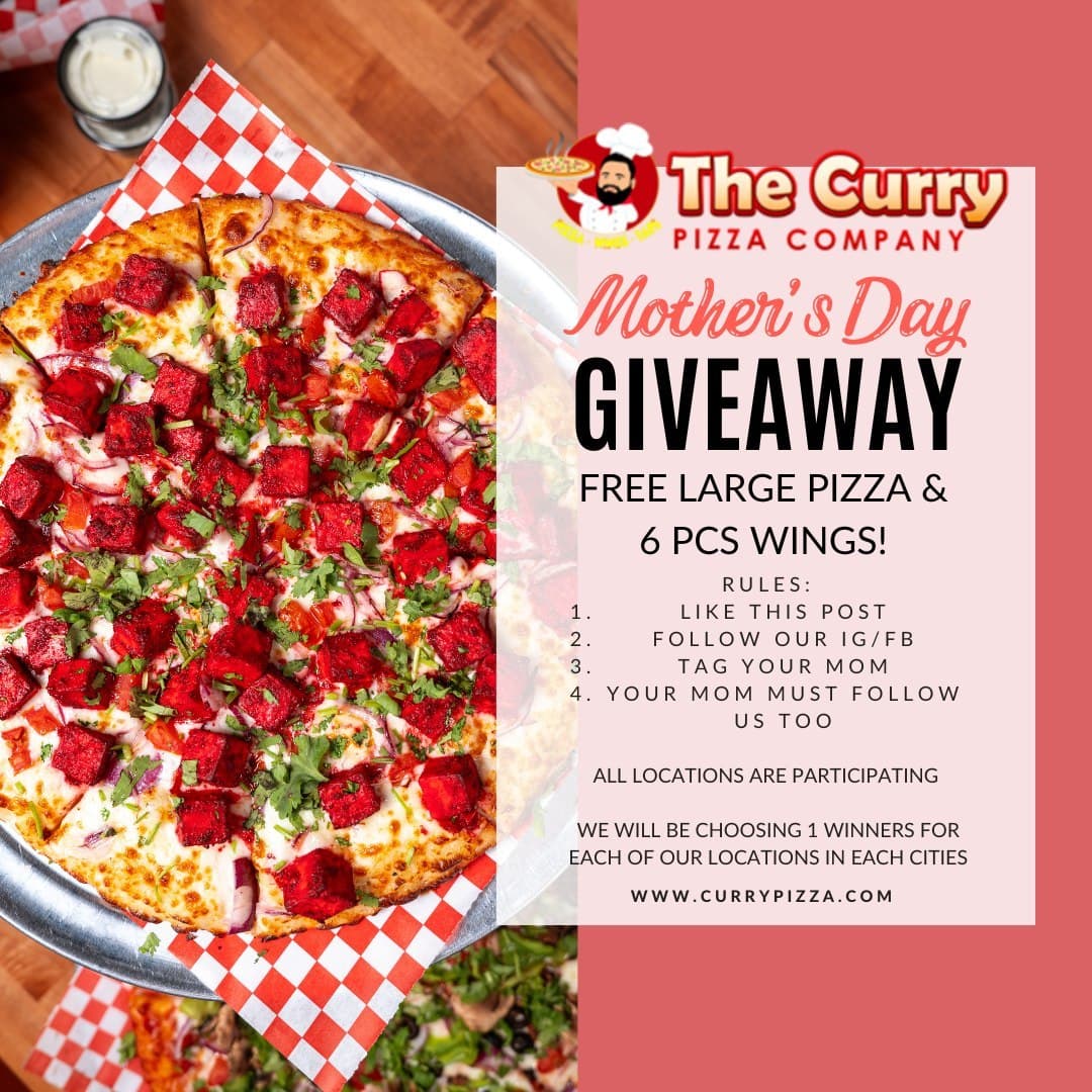 Clickable image showing The curry pizza company celebrating mother's day with a special giveaway of a large pizza and 6 chicken wings. Should open an Instagram external link to the source image.